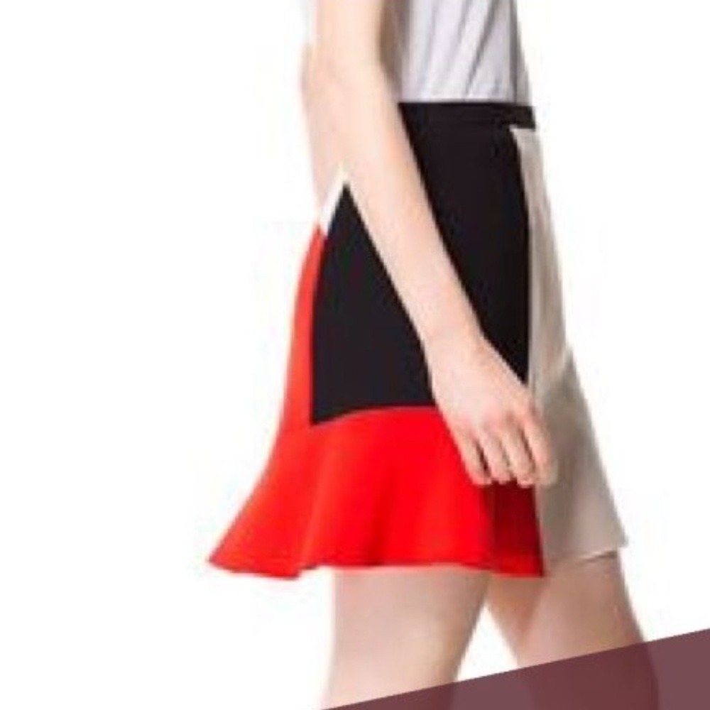 ZARA WOMEN TRI-COLOR BLOCK PEPLUM SKIRT black orange cream sz small preloved - Picture 2 of 9